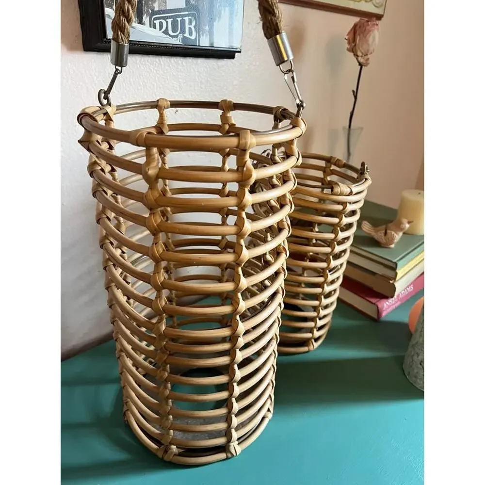 Set of 2 Coastal Woven Lantern Baskets / Candle Holders
